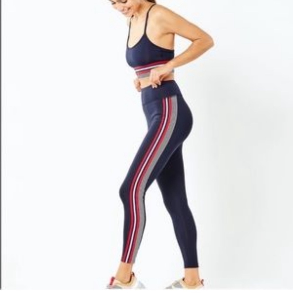 • Nylora x Bandier • Women’s Athletic Leggings Navy Blue with Red & White Stripe